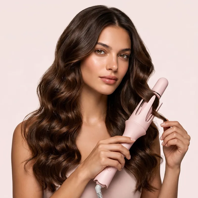 Mulher com ondas volumosas e brilhantes segurando o modelador de cachos 7 em 1 GOKOCO