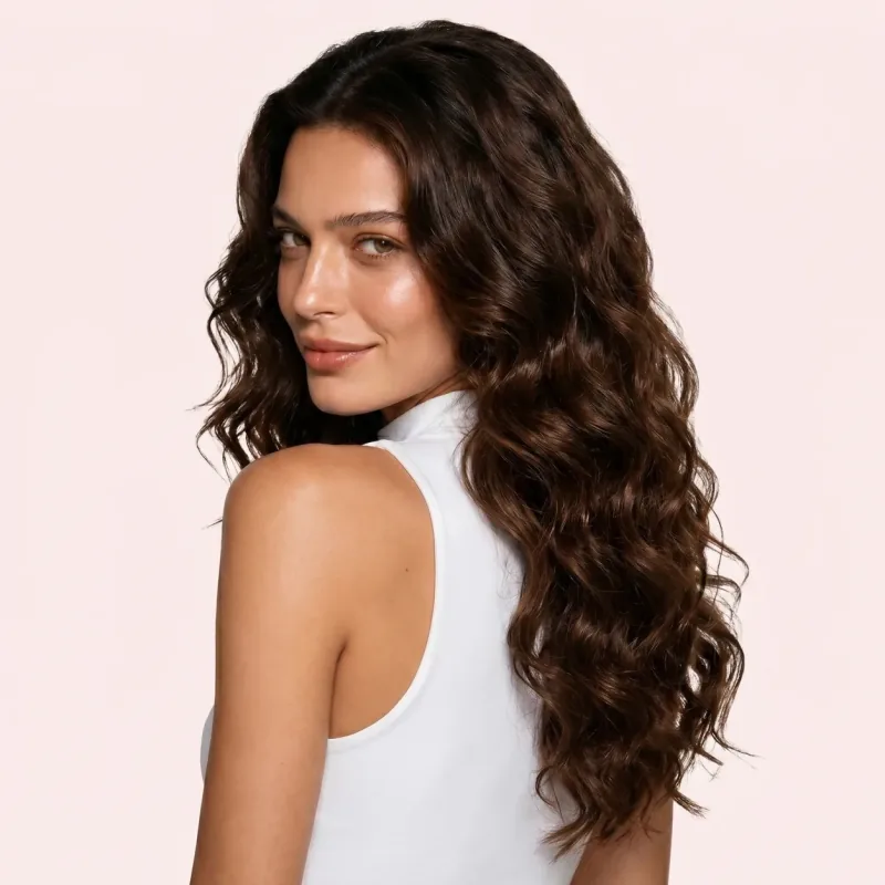 Resultado final: cabelo longo com ondas volumosas, definidas e cheias de brilho