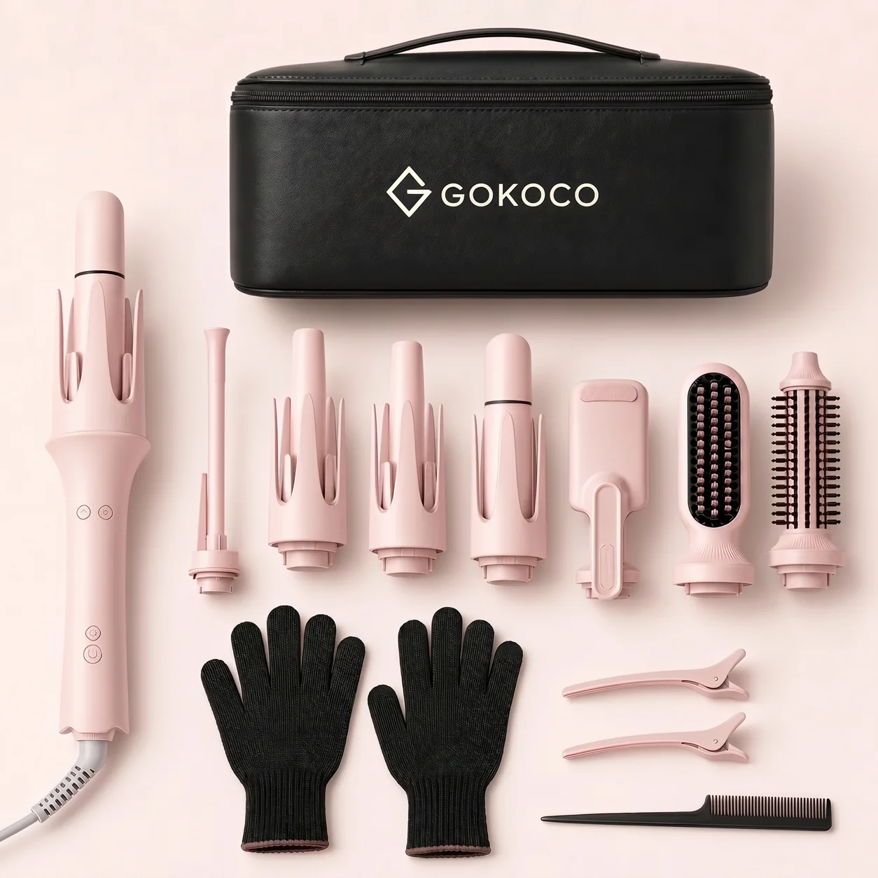 Tudo o que vem na caixa do GOKOCO: modelador 7 em 1, 4 barris, placa de crimpagem, escova alisadora, escova de volume, pente, grampos, luvas térmicas e case de viagem