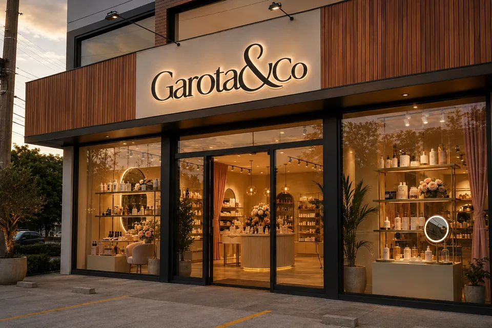 Fachada da loja Garota&Co ao entardecer, com vitrine iluminada